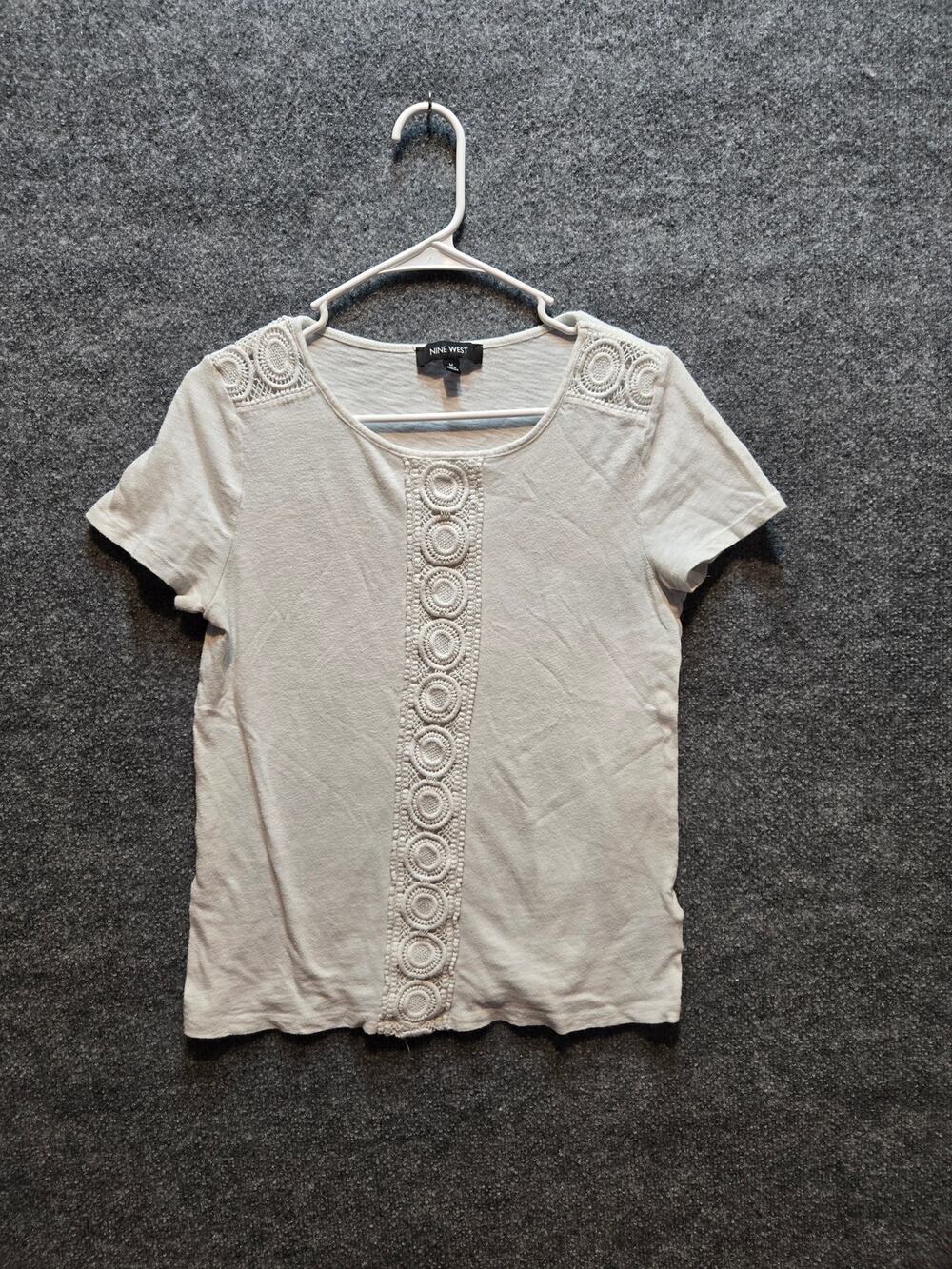 Nine West Women's Crochet Lace Panel Short Sleeve Top T-Shirt Ivory Cream Size M